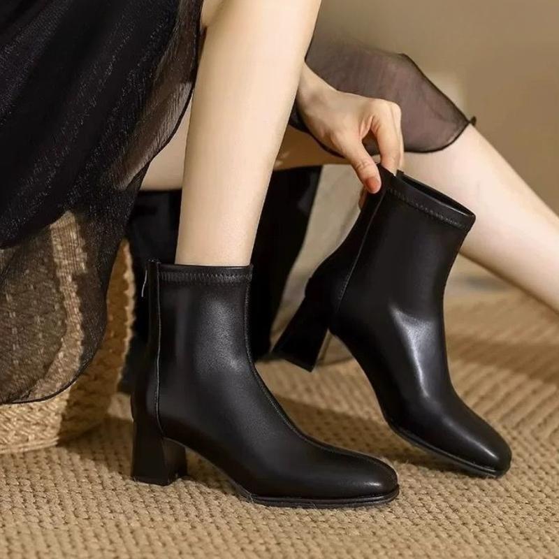 Square Toe Heeled Women's Ankle Boots Autumn Winter Leather Fashion 2025 Booties Designer Luxury High Quality Female Short Shoes