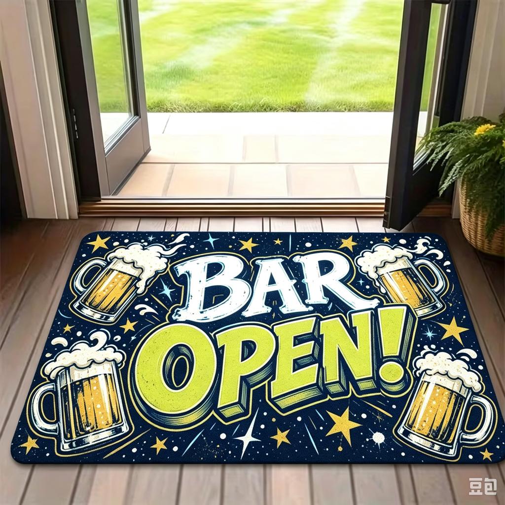 Retro Beer Bar Open Decorative Doormat for Entryway Floor Mat Home Pub Decor Multi Color Star Mug Pattern Stylish Welcome Design