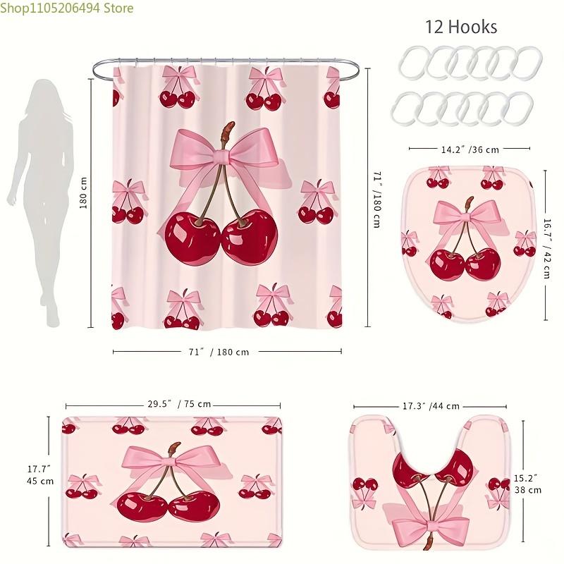 1/4pcs Pink Bow Cherry Style Shower Curtain, Modern Style Home Decor Print, Machine Washable, Fashion Theme, Suitable for All