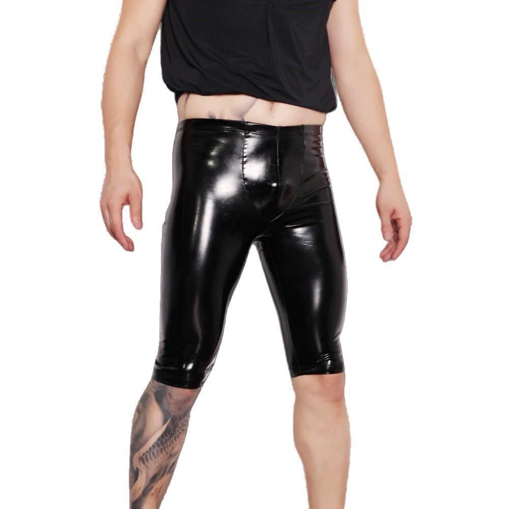 Sexy Men Double Side U Convex Pouch Half Pants Pvc Shiny Pants Tight Faux Leather Latex Pu Fashion Hot Short Elastic Legging