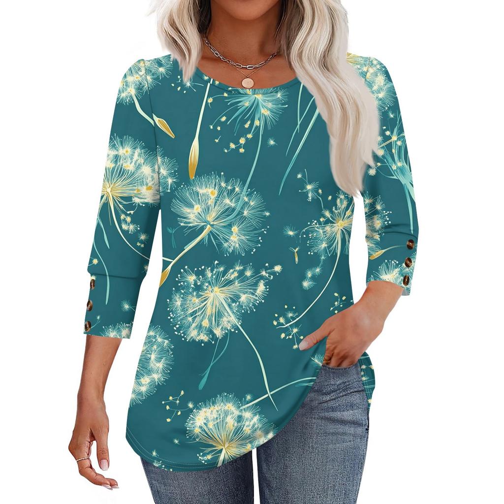 Women's Fashion Casual Floral Print Round Neck T-shirt Top With Seven Cuff Sleeves