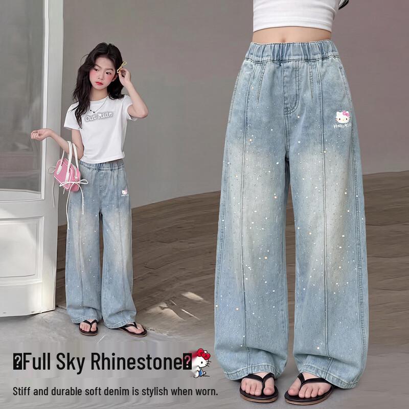Hello Kitty Girls Summer 2026 Breathable Lyocell Tencel Faux Denim Pants 140