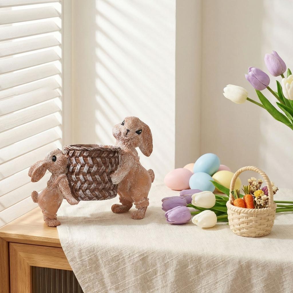 Easter Bunny Carrying Basket Resin Home Decor Ornament