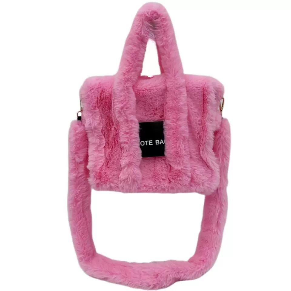 Fuzzy Pink Faux Fur Ladies Winter Handbag Brand Designer Fluffy Plush Sqaure Shoulder Purse 2025 Elegant Women's Tote Bag