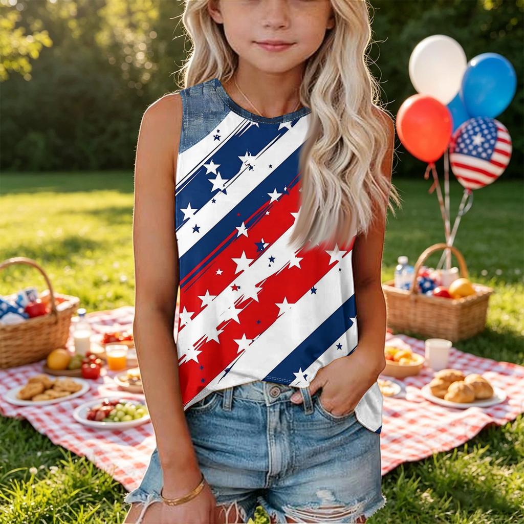 Sleeveless Loose Fit Tank Top for Women Round Neck Denim Patchwork American Flag Print Summer Casual Shirt