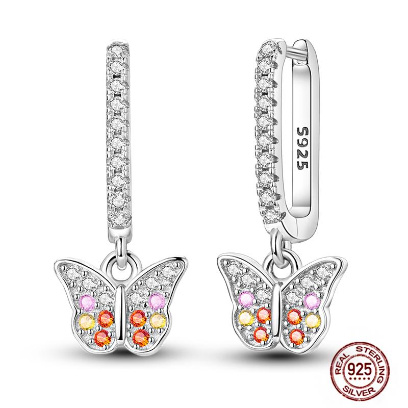 Original Butterfly Hoop Earrings for Women Sparkling Pave Colorful Zircon Blue Pink Purple Heart Wedding Drop Earring