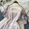 Vestido de Verano Cuadrado de Gasa Bordada Estampada de Alta Calidad para Mujer Moda Vacaciones Manga Volante Adelgazante Midi