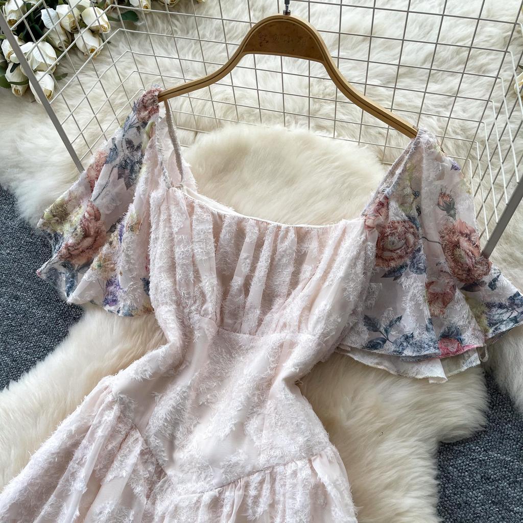 Vestido de Verano Cuadrado de Gasa Bordada Estampada de Alta Calidad para Mujer Moda Vacaciones Manga Volante Adelgazante Midi