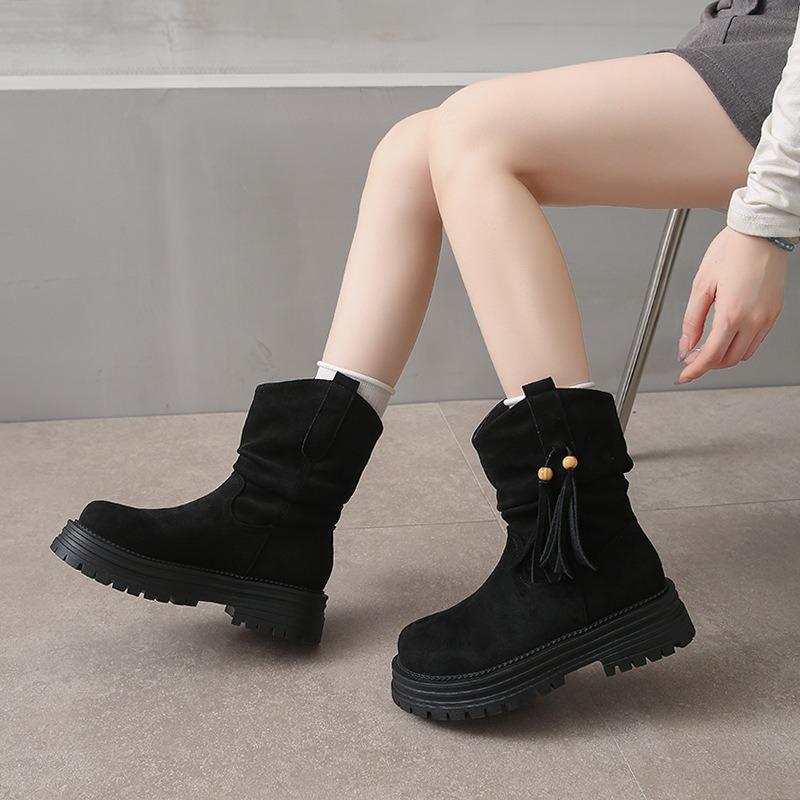 New autumn and winter Maillard fringed short boots women's retro medium tube Martin boots thick heel western pile knight boots