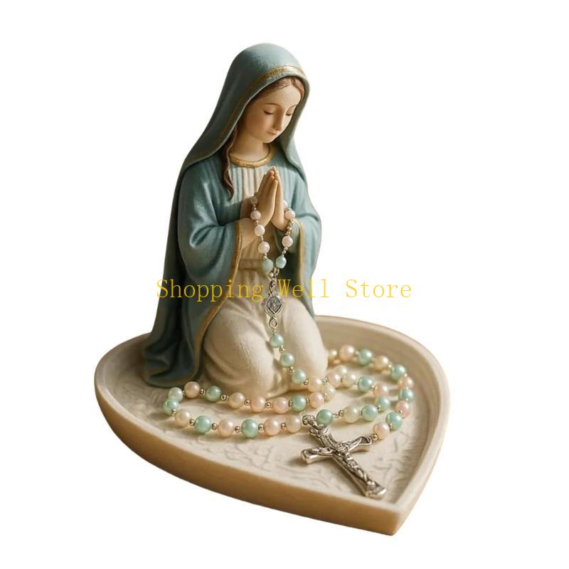 

KX4B Holy Mother Father Statue Prayer Tray Resins Religious Decors Rosary Beads Jewelry Box For Home Church Or Gift Giving синій