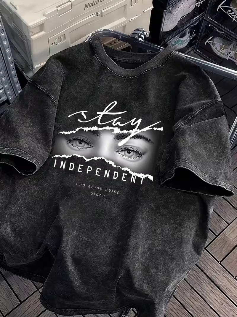 

Vintage Distressed Acid Wash Stay Independent Eyes Print T Shirt Retro Washed Faded Short Sleeve Tee for Women Streetwear S