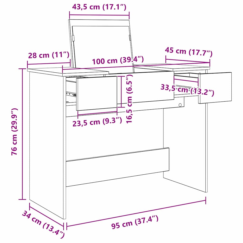 Cosmetic Table with Mirror Black Oak Effect 100 x 45 x 76 cm