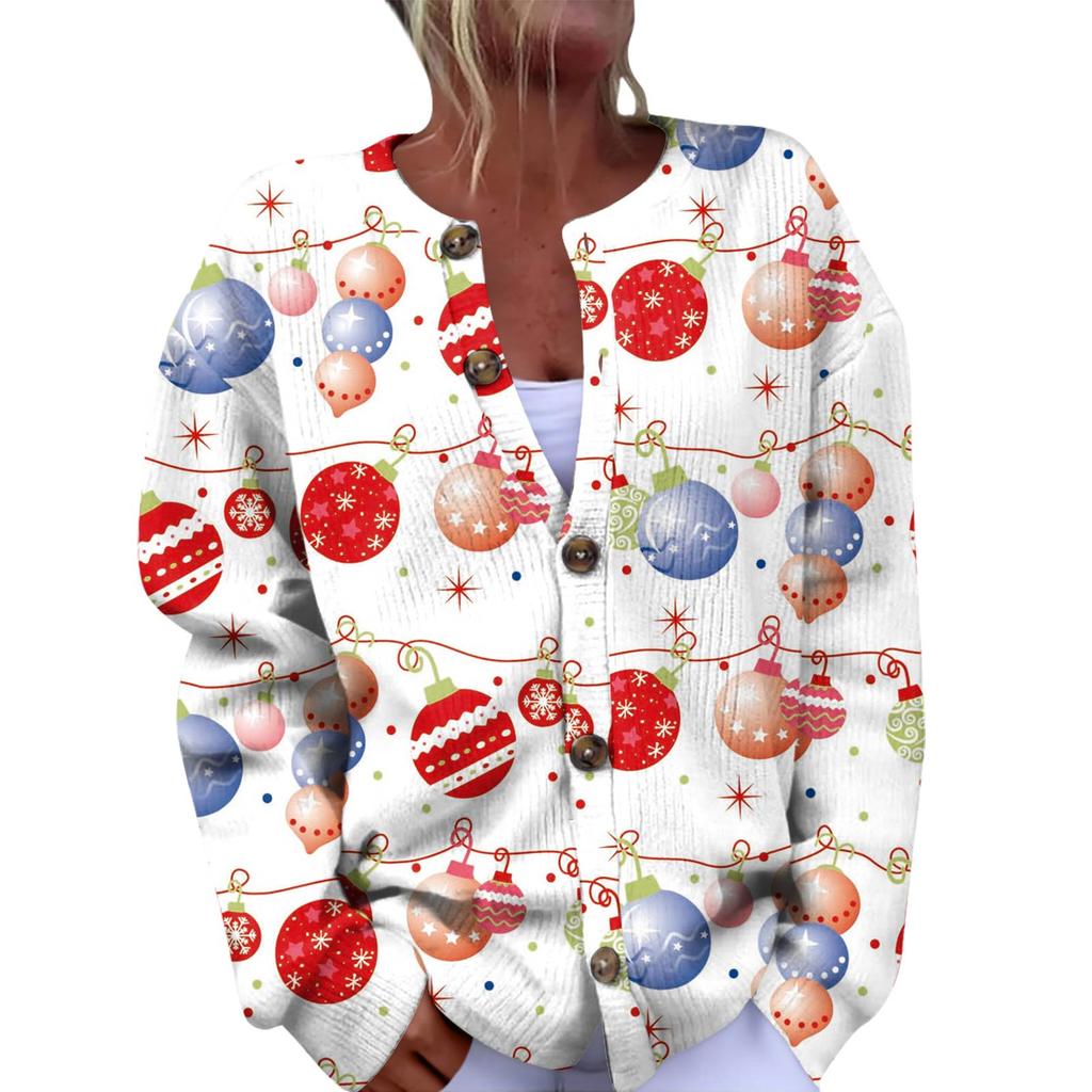 Women's Fashion Christmas Printed Long Sleeve Knitted Cardigan Button Down Jacket