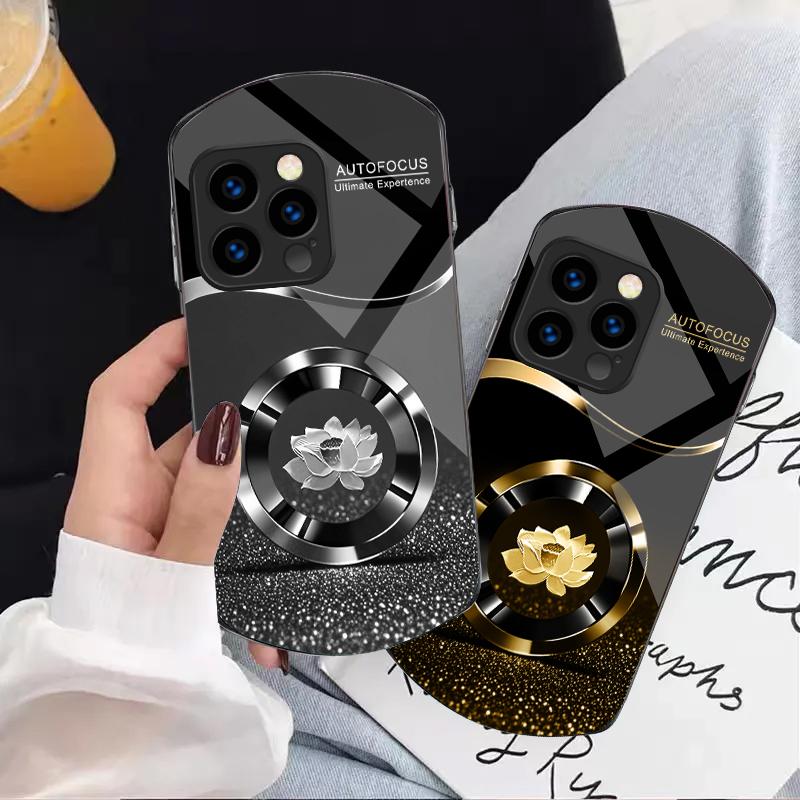 Circle Lotus Golden Dot For iPhone 16 15 14 13 Plus 12 mini 11 Pro Max XR Xs X 7 8 6 6S 22 Elliptical Tempered Glass Phone Case