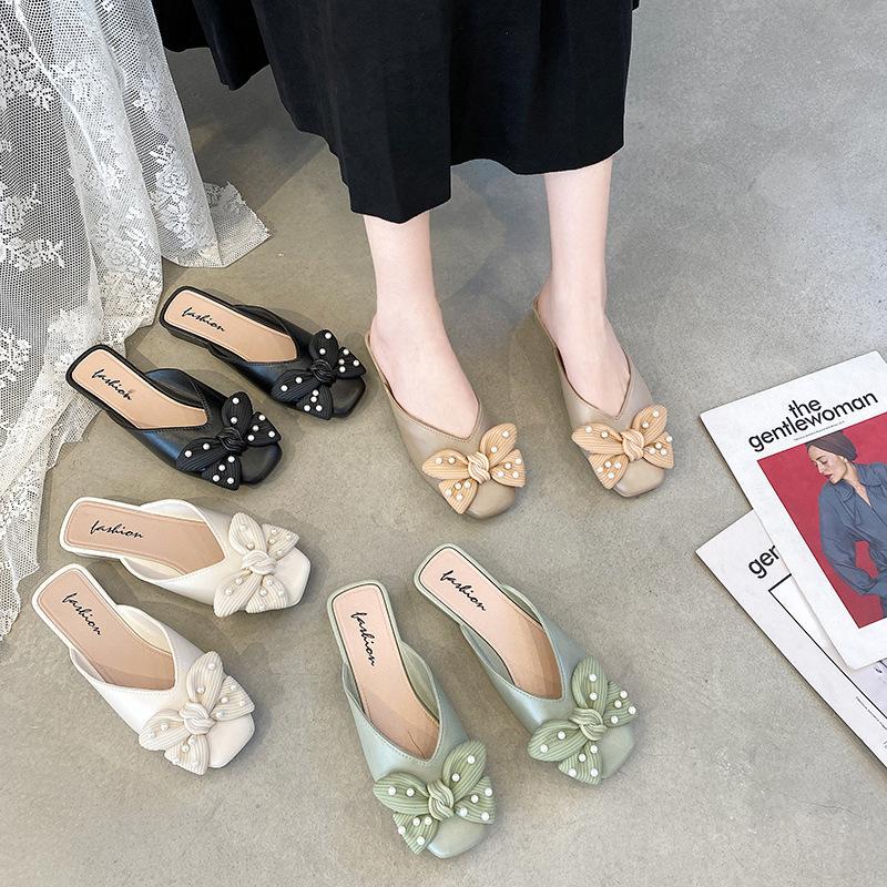 

New bow bag head wearing slippers women s summer casual fashion one pedal muller shoes lazy half slippers 36 зелений