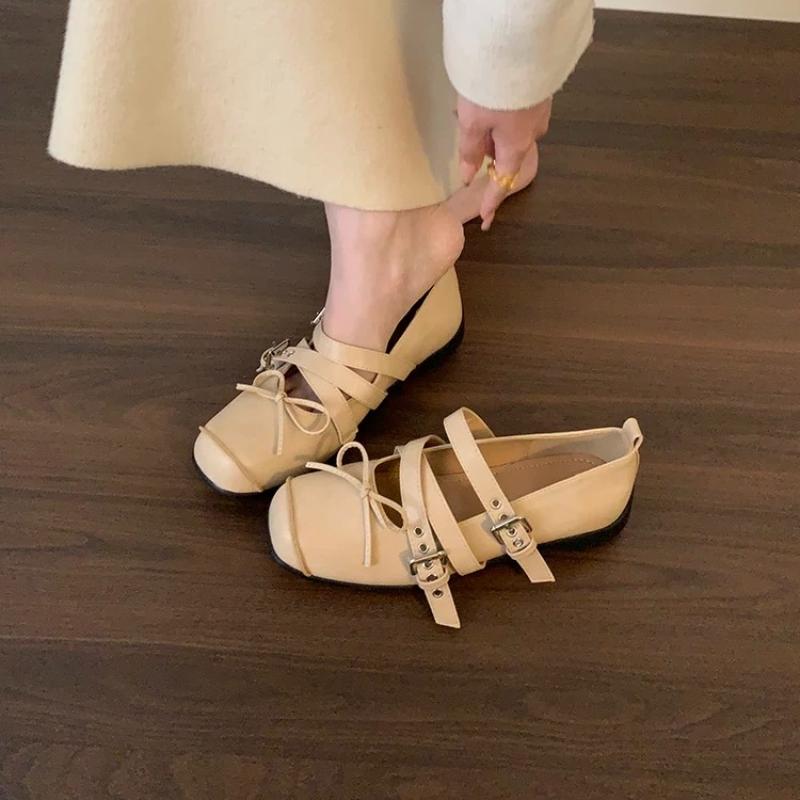 Fashion 2005 New Fashion Flat Bottom Spring Square Toe Women Mary Jane Fashion Cross Buckle Ladies Casual Dress Ballet Flats Shoes