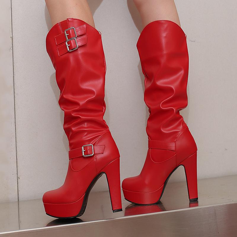 Dames høye hæler støvletter høst og vinter nye sexy temperament tykk hæl firkantet tupp stor størrelse medium støvletter