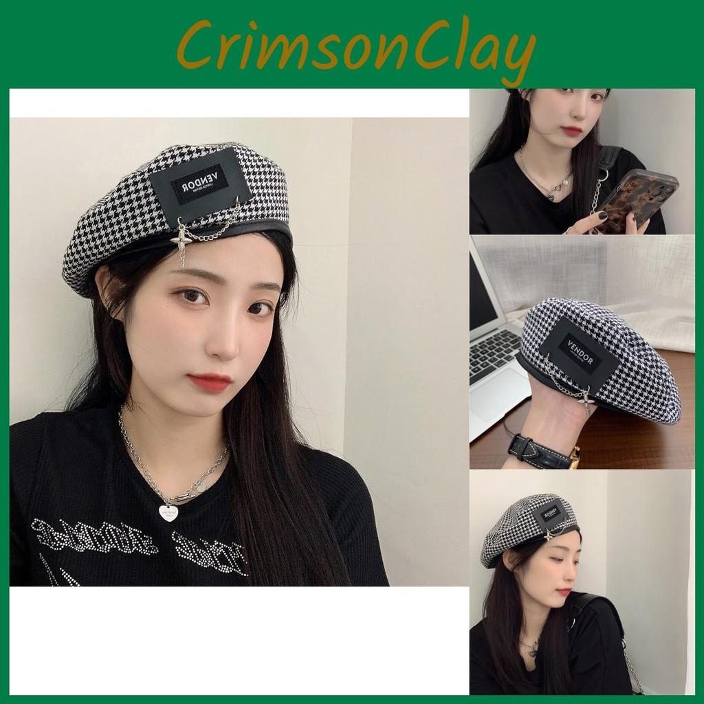 Japanese Houndstooth Stylish Beret Hat For Women With Unique Metal Patch