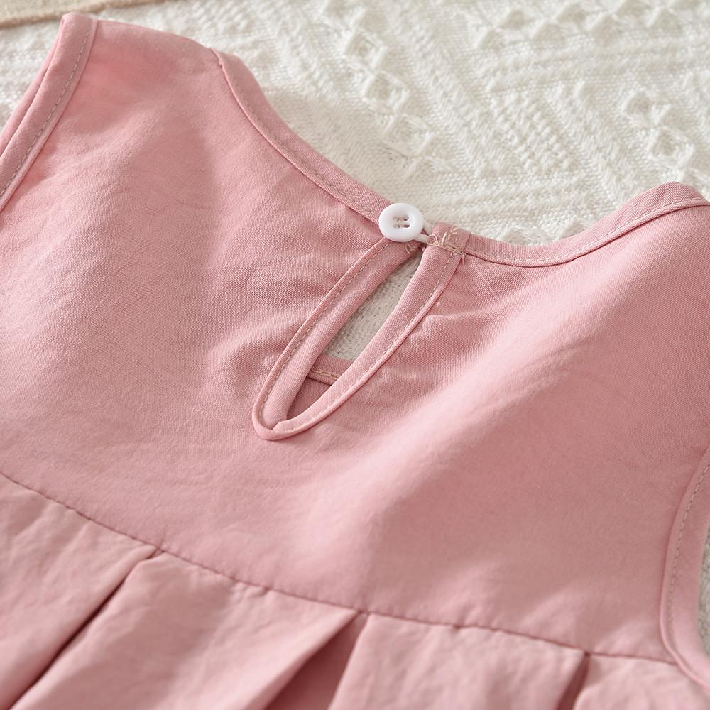 Summer Pink Sweet and Cute Round Neck Sleeveless Vest Dress with Bow Decoration for Girls Aged 3-7 Daily Wear