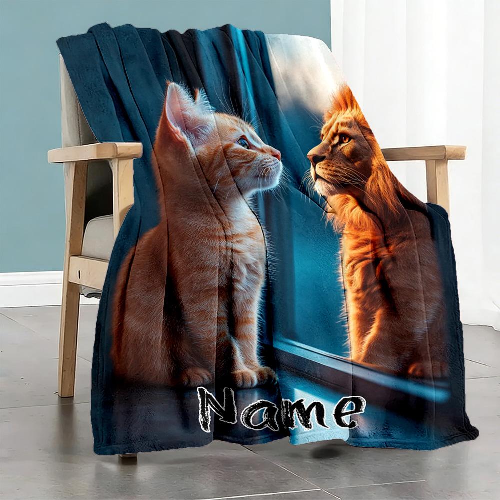 Cat Mirror Personalized Name Blanket Cozy Customizable Blanket Comfortable Perfect for Picnics Bedding Bed Living Room All-Season Use