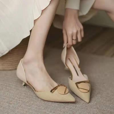 Fashion Metal Decoration Pointed Toe Office Apricot Women's Shoes Ladies Footwear With Medium Heels Stilito Luxury Leather Casual A E L