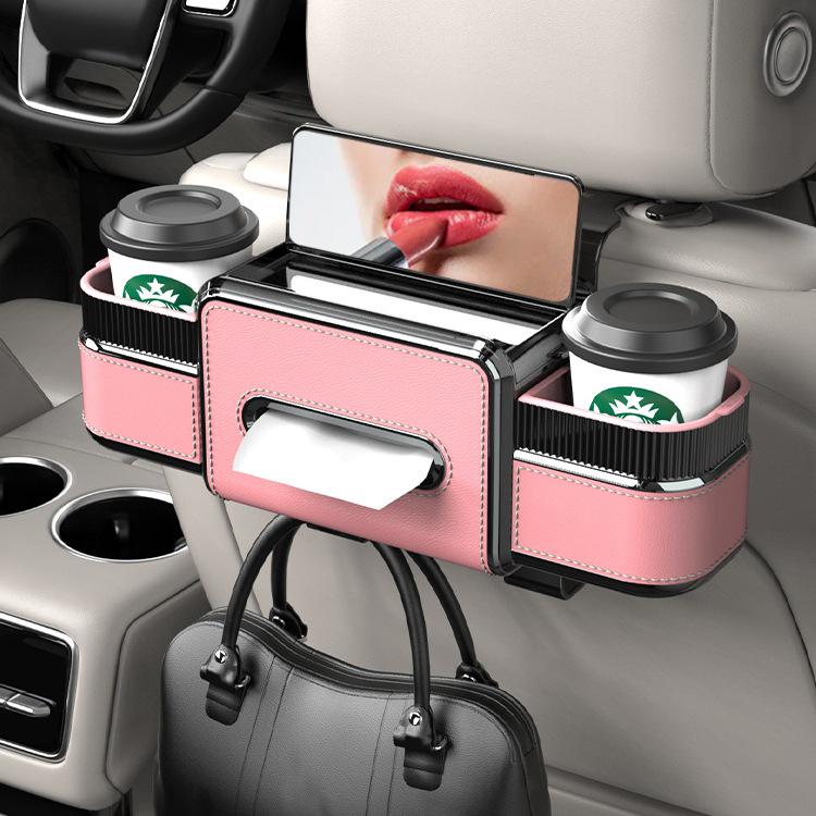 Car Rear Seat Makeup Mirror & Tissue Box Organizer with Cup Holder