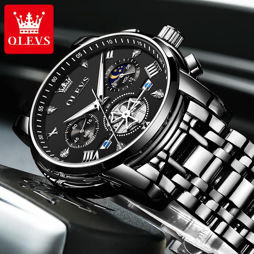 OLEVS Original Quartz Watch for Men Trendy Skeleton Flywheel Design Waterproof 24 Hour Moon Phase Chronograph Men's Watches 2856