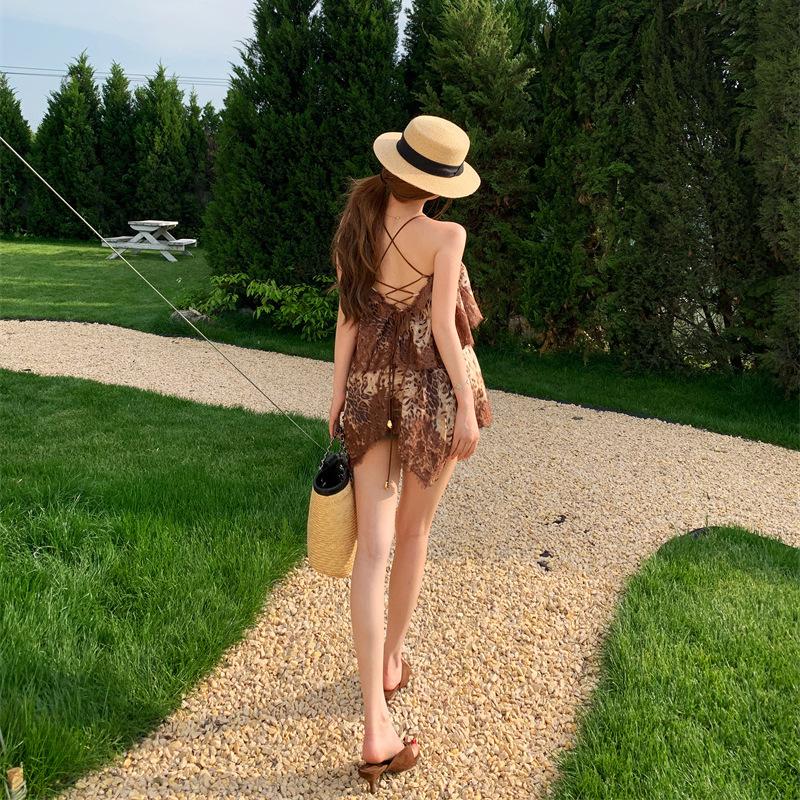 New French lace splicing halter suspender ruffle edge dress women's summer seaside vacation beach skirt