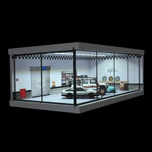 NUEIOVRW Diorama 1/43 Scale Garage Model with LED Lighting, Dust Door, Car Showroom Model, Urban Parking Lot, 1/43 Diecast Model, Car Storage Scene Di