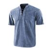 Mens Vintage Henley Shirt Stand Collar Lace Up Short Sleeve Tee
