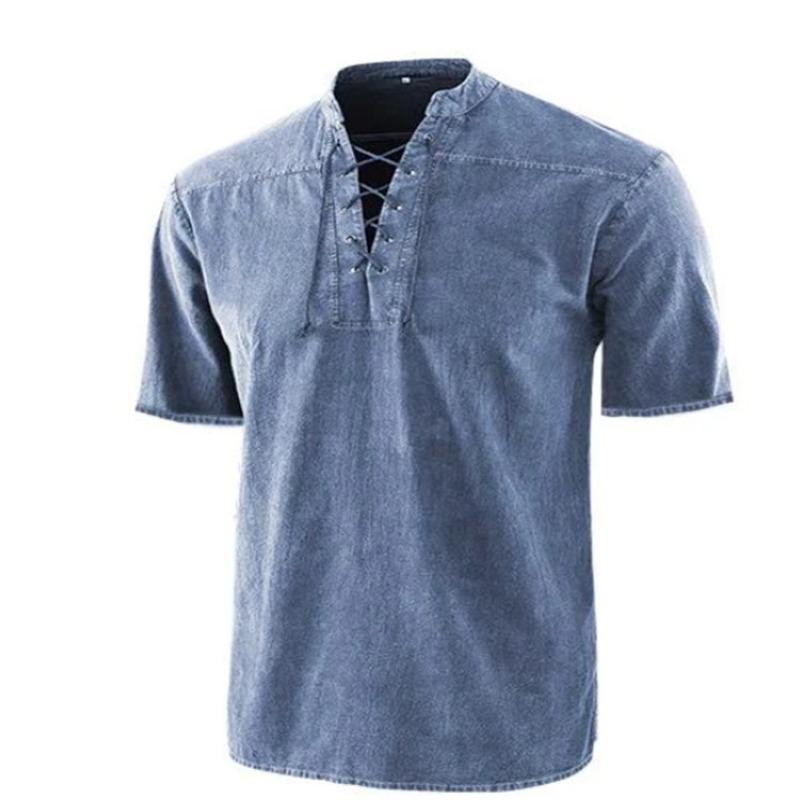 Mens Vintage Henley Shirt Stand Collar Lace Up Short Sleeve Tee
