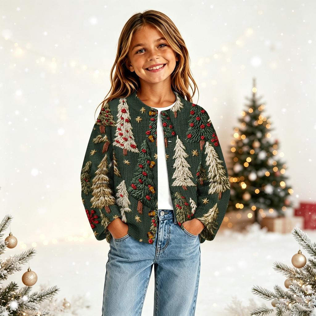 Cardigan Natalizio con Bottoni e Stampa Natalizia per Bambina, per Outfit Festivi e Uso Quotidiano