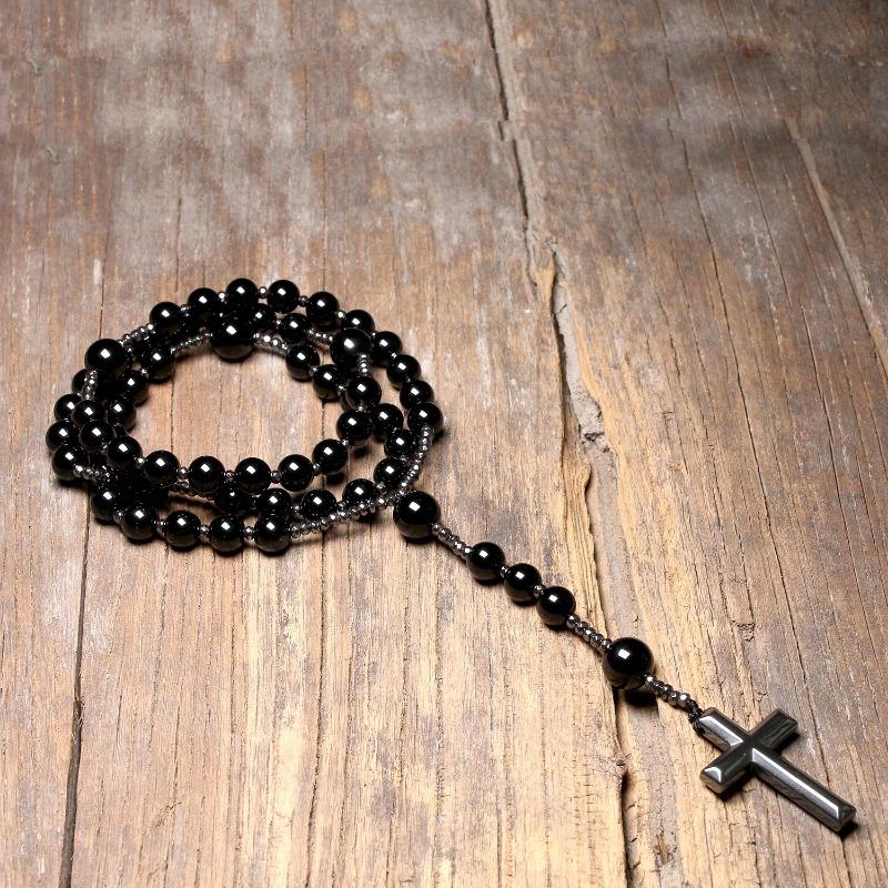 Natural Black Onyx Beads Catholic Christ Rosary Necklaces Hematite Cross Pendant Men Necklace Meditation Mala Jewelry