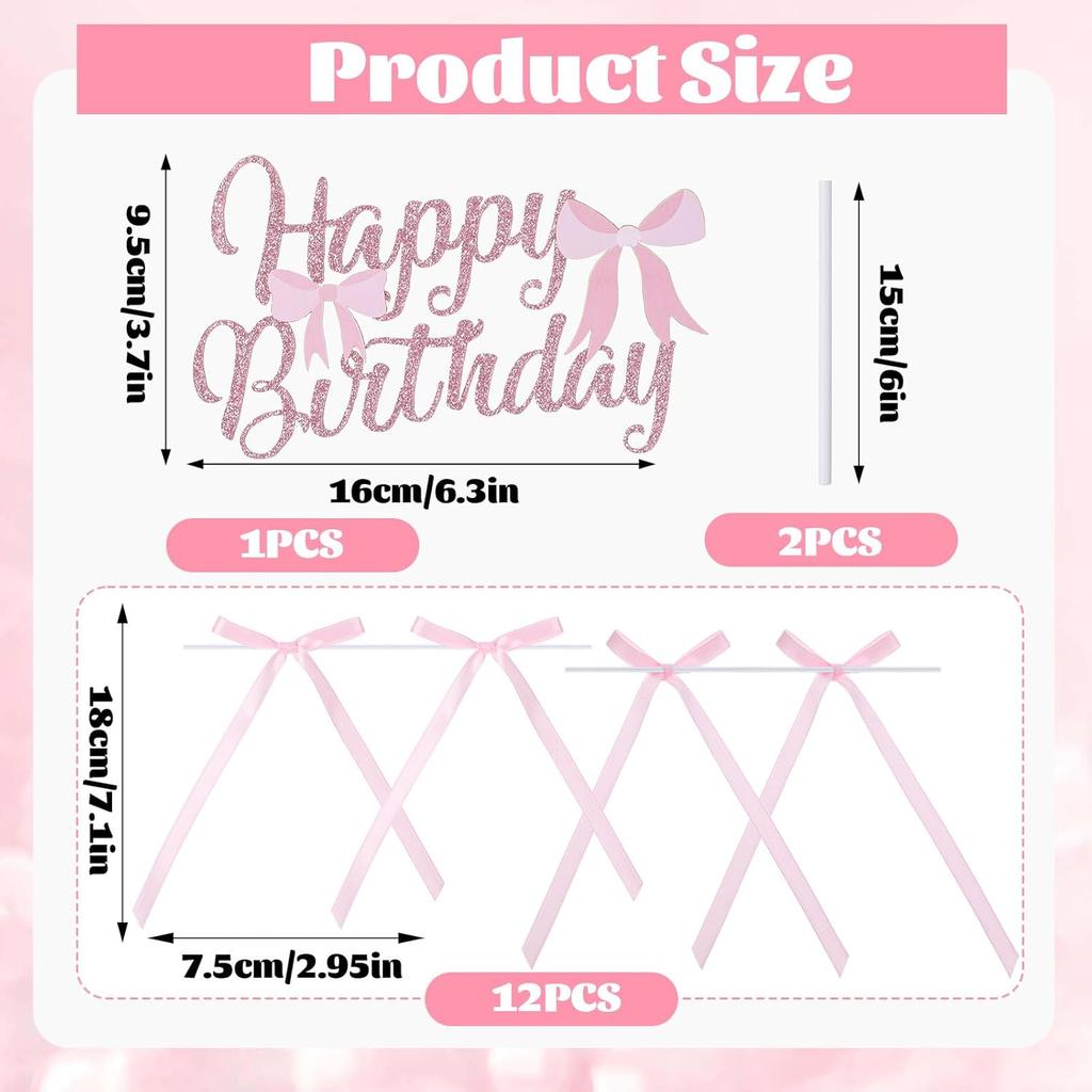 Pink Bow Cake Toppers, Happy Birthday Sign with 12 Pcs Bow Cake Decorations for Pink Ribbion Birthday Decorations Baby Shower Wedding Party Supplies