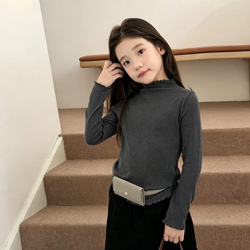 Kids Girls Long Sleeve Solid Ruffle Collar Casual Inner Base Layer Top