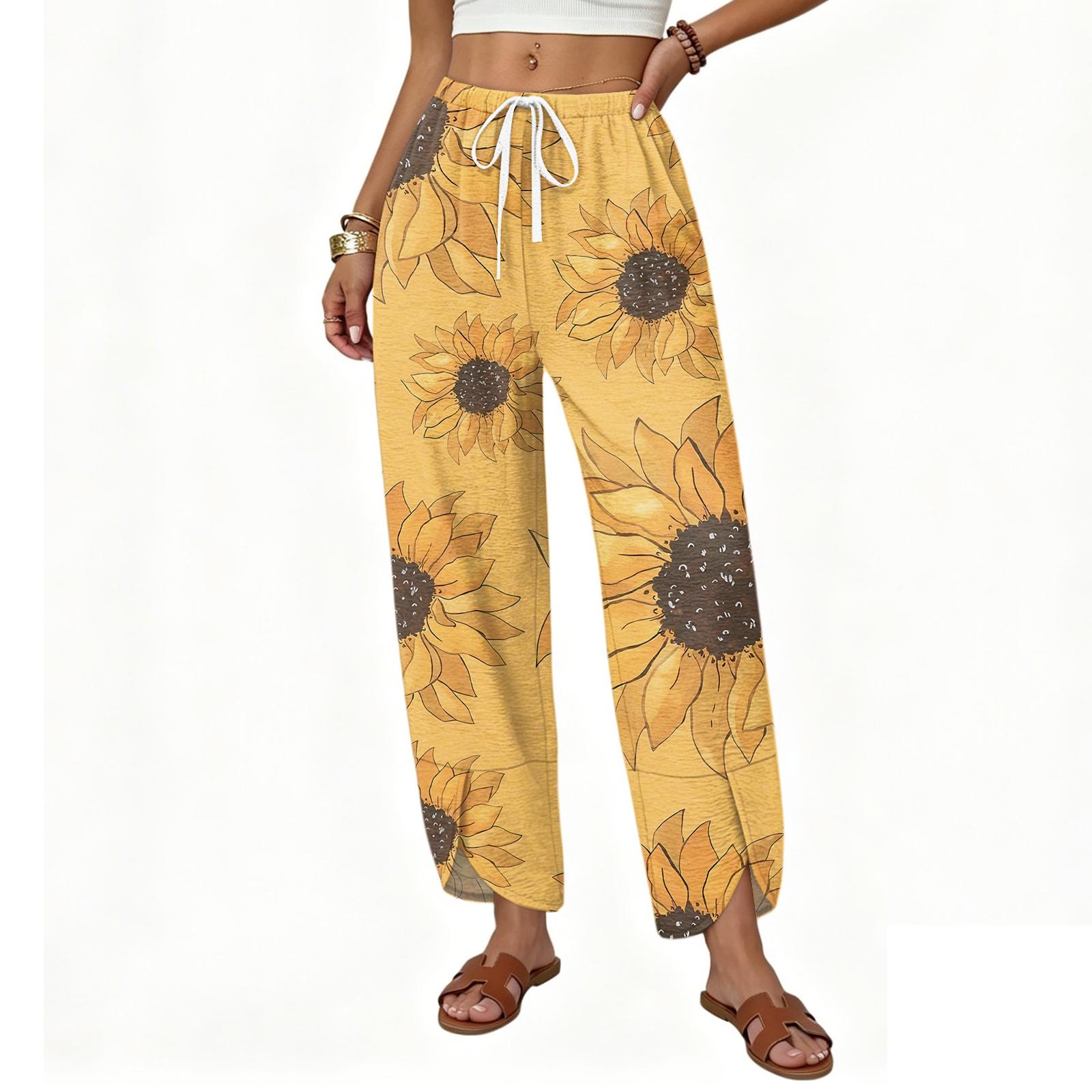 

Women’s Relaxed Fit Wide Leg Drawstring Printed Long Pants Casual Straight Trousers Lightweight Comfortable Design S жовтий