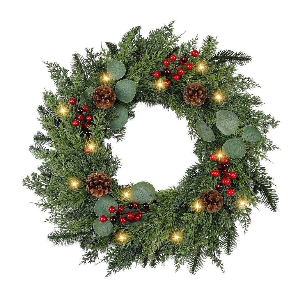Norfolk Pine & Red Berry Cedar Cypress Wreath for Festive Door or Window Decoration