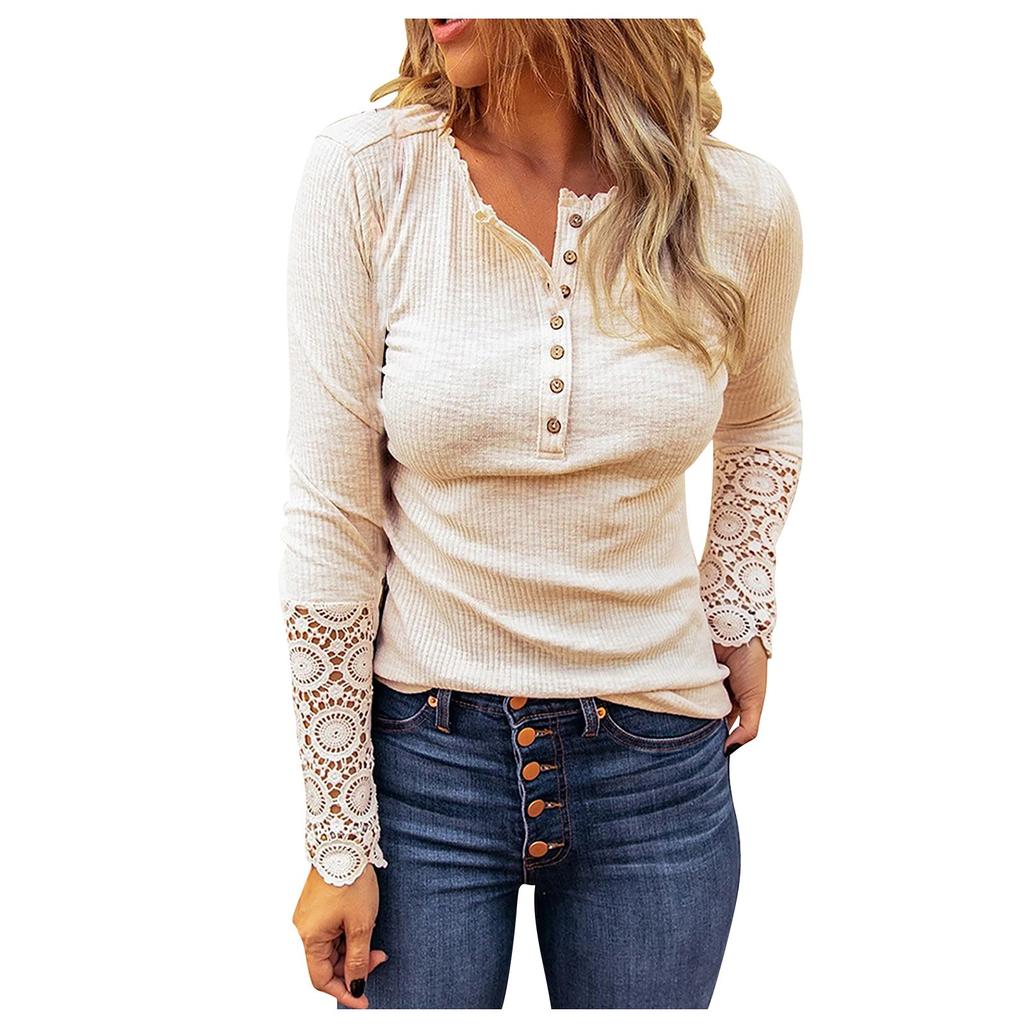 Ladies Casual Solid Color  Strip Solid Color Slim Fit Round Neck Stitching Lace Sleeve T-Shirt