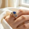 Luxury Female Blue White Zircon Big Stone Engagement Round Flower Ring Vintage Gold Color Wedding Fashion Jewelry for Women