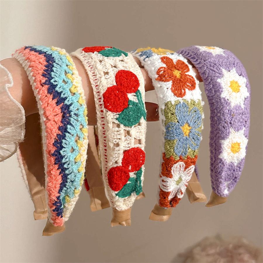 Sweet flower embroidered children's hairbands colorful knitted wool autumn and winter wide headband girls hair accessories