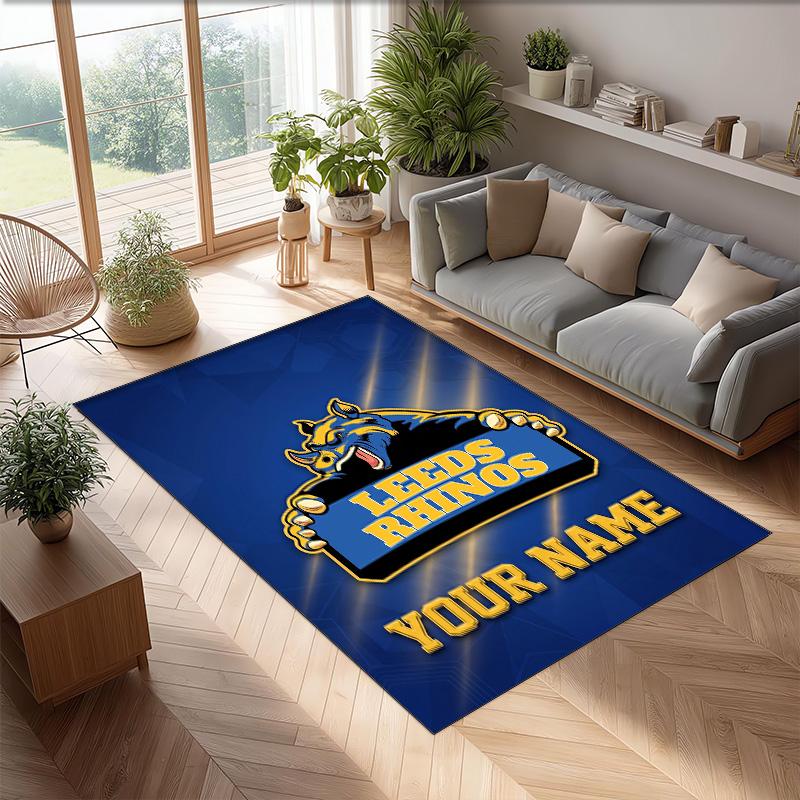 Leeds Rhinos Crystal Velvet Rug, Custom Name Text Personalized Non‑Slip Floor Mat for Home Decor Gift