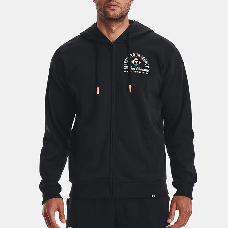 Under Armour Bluza z kapturem w stylu amerykańskim z nadrukiem literowym i kapturem zapinanym na zamek, bluza z długim rękawem dla mężczyzn, czarna 1377436-001