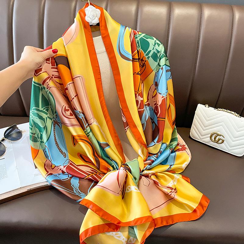 

Испанский Модный Бренд Женский Шелковый Шарф Роскошный Цветочный Атласный Пашмина Шали и Накидки Фуляр Женский Шарфы Пляжный Хиджаб 180*90См