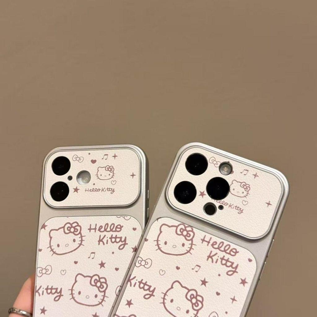 Musical Notes and Stars KT Cat Leather Texture Phone Case for Apple 13P, 14, 15, 16, 17 Pro Max with Large Window Silver Frame