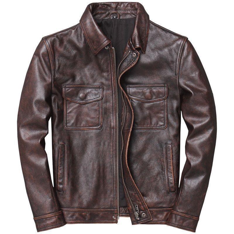 New retro cowhide pattern jacket retro and old leather jacket men's stand-up collar locomotive clothing short slim jacket jacket trendy