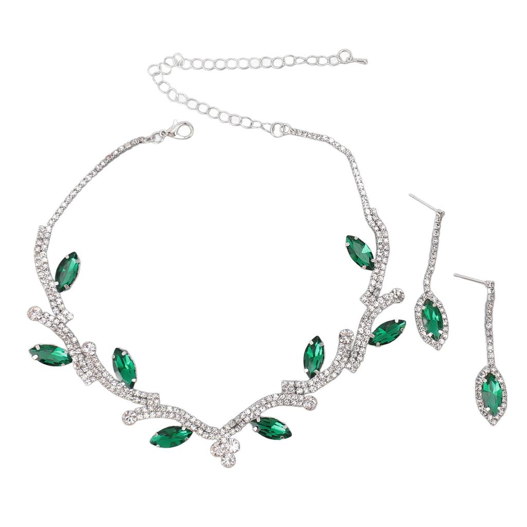 Damen Halskette Ohrring Set Strass Blätter Braut Hochzeit Schmuckset für Geburtstagsfeier Grün und Weiß K