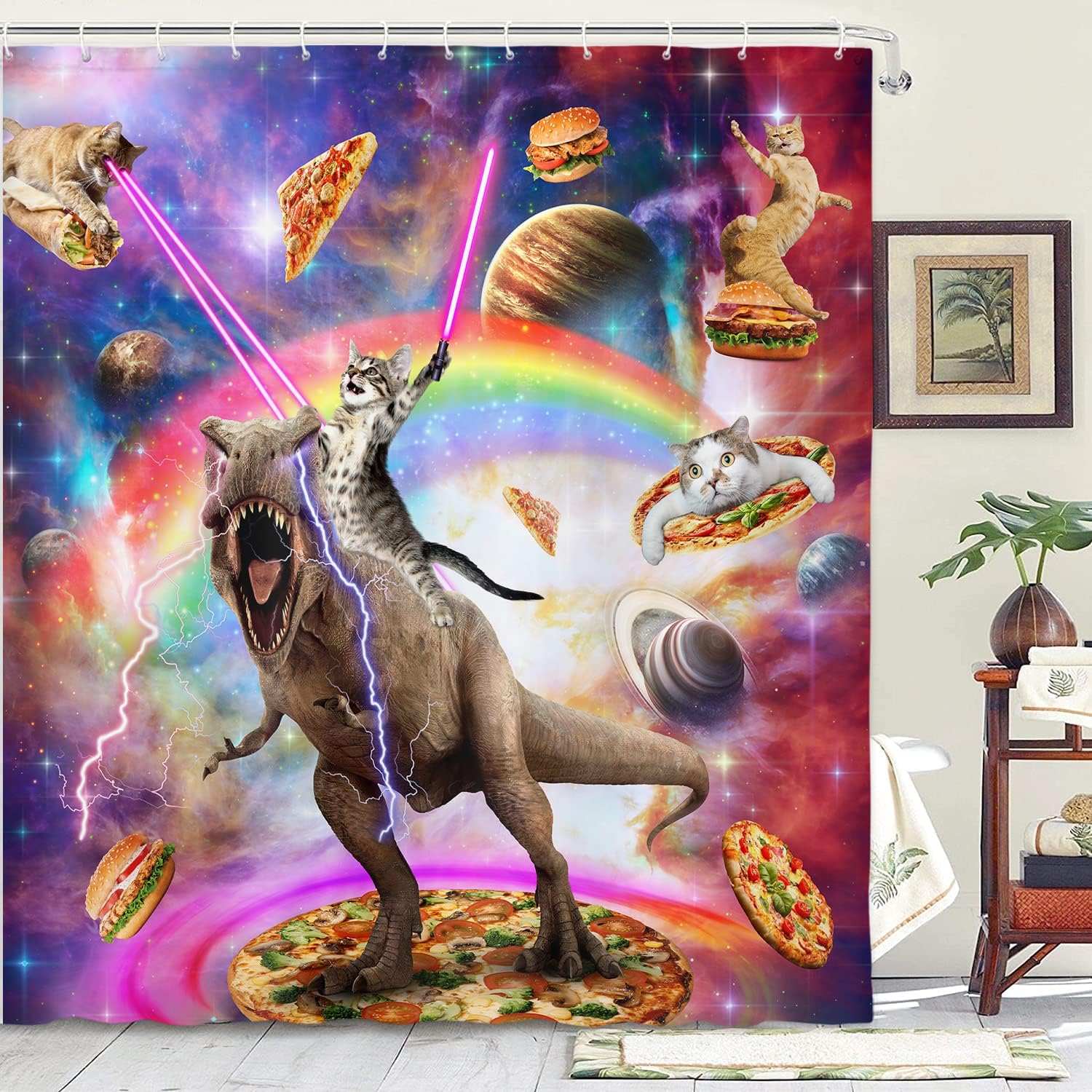 

Fantasy Cat Riding Dinosaur Waterproof Shower Curtain - Starry Night Wave Art for a Unique and Playful Bathroom Decor W90XH180cm