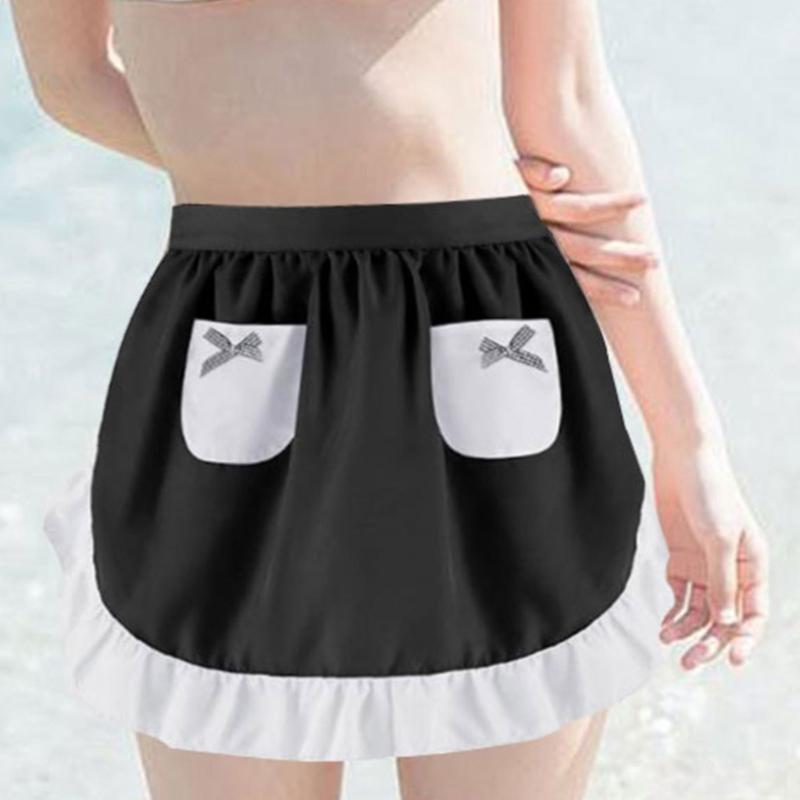 Women Maid Apron Ruffled Waist Apron Halloween Maid Costume Accessories Kitchen Apron with 2 Pocket for Baking Gardening