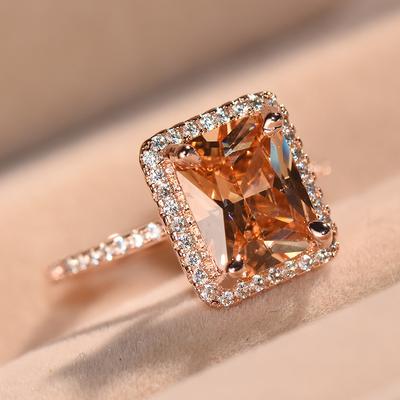 Luxury Rose Gold Color Rectangle Cut Champagne Stone Ring CZ Rings Wedding Band CZ Rings for Women Party Jewelry