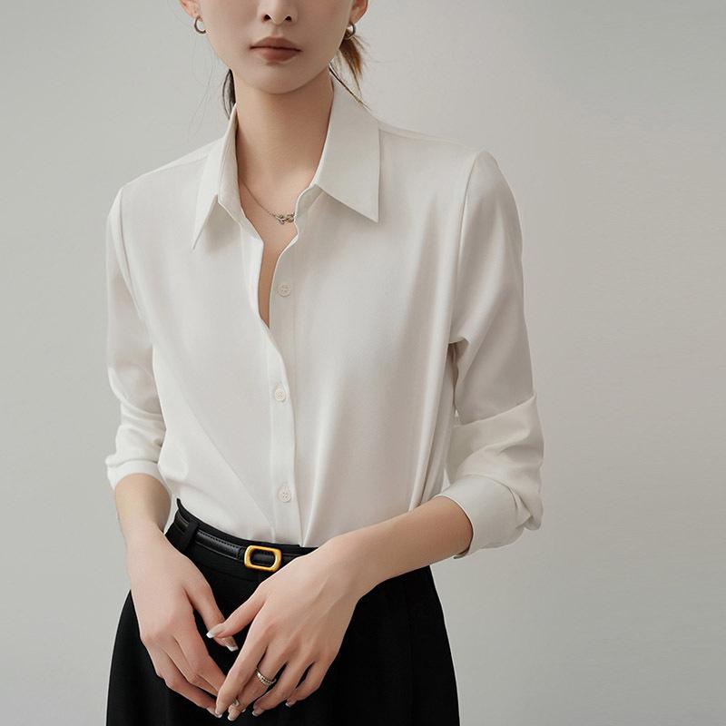 Women's Acetate Satin Long Sleeve Shirt - 2025 Spring & Autumn Petite Collection, French-Inspired High-End Design